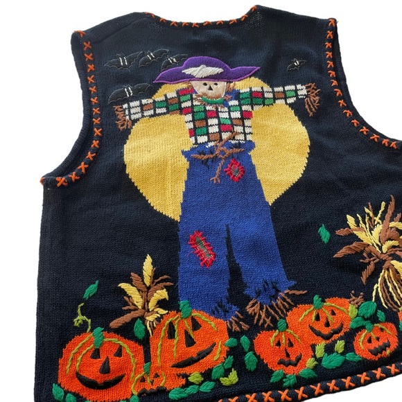 Hampshire Studio Halloween Pumpkins Bats Scarecrow Zip Up Vest Medium - Picture 5 of 5
